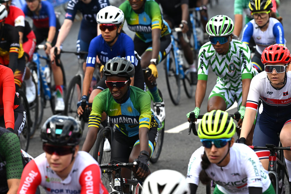 LOCH LOMOND, SCOTLAND - AUGUST 13: Jazilla Mwamikazi of Rwanda and a general view of the peloton prior to the Women Elite &amp;amp; Women U23 Road Race a 154.1km race from Loch Lomond to Glasgow at the 96th UCI Cycling World Championships Glasgow 2023, Day 11 /#UCIWWT / on August 13, 2023 in Loch Lomond, Scotland. (Photo by Dario Belingheri/Getty Images)