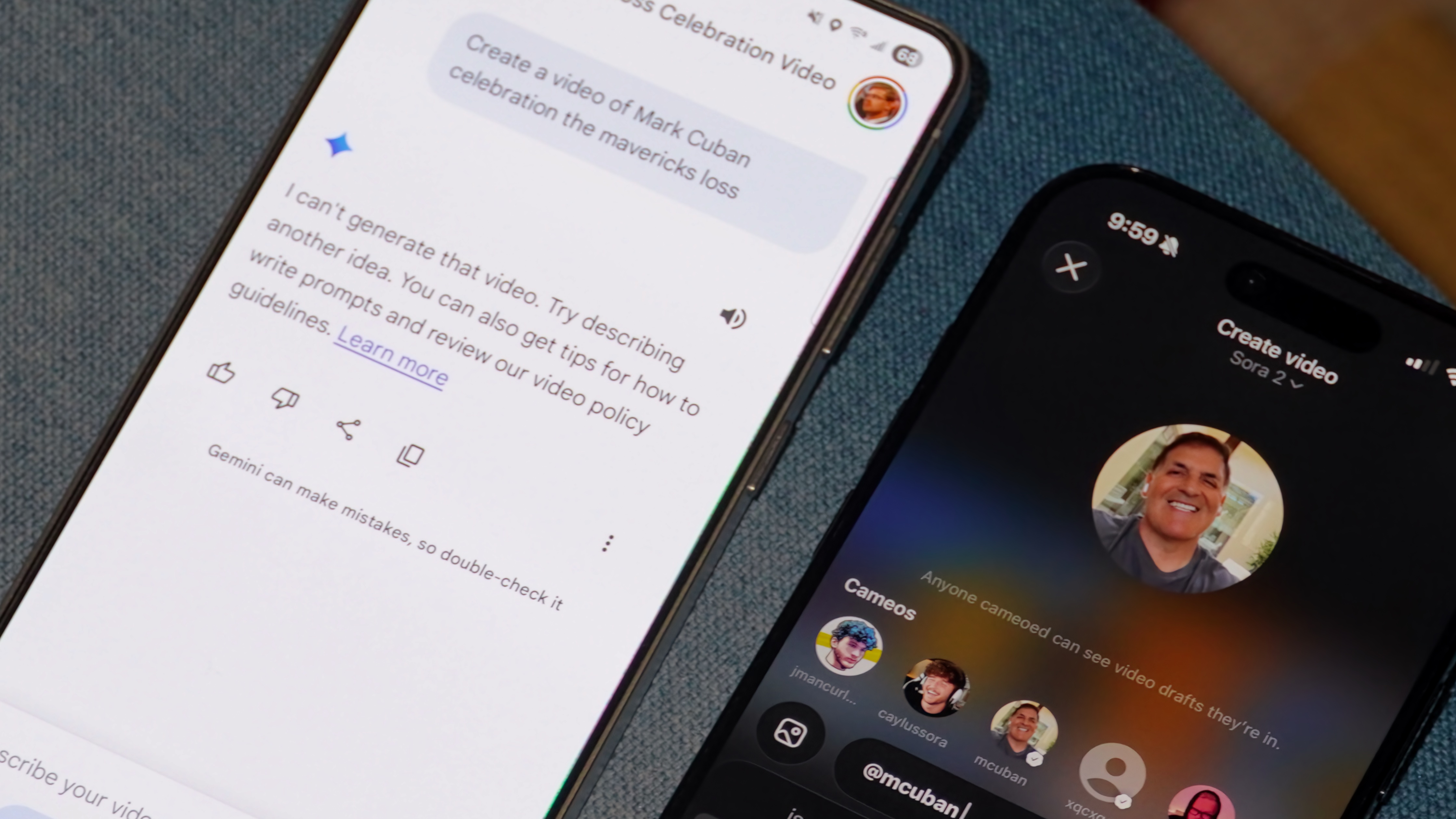Gemini refusing to generate a video of Mark Cuban, while Sora encouraging it.