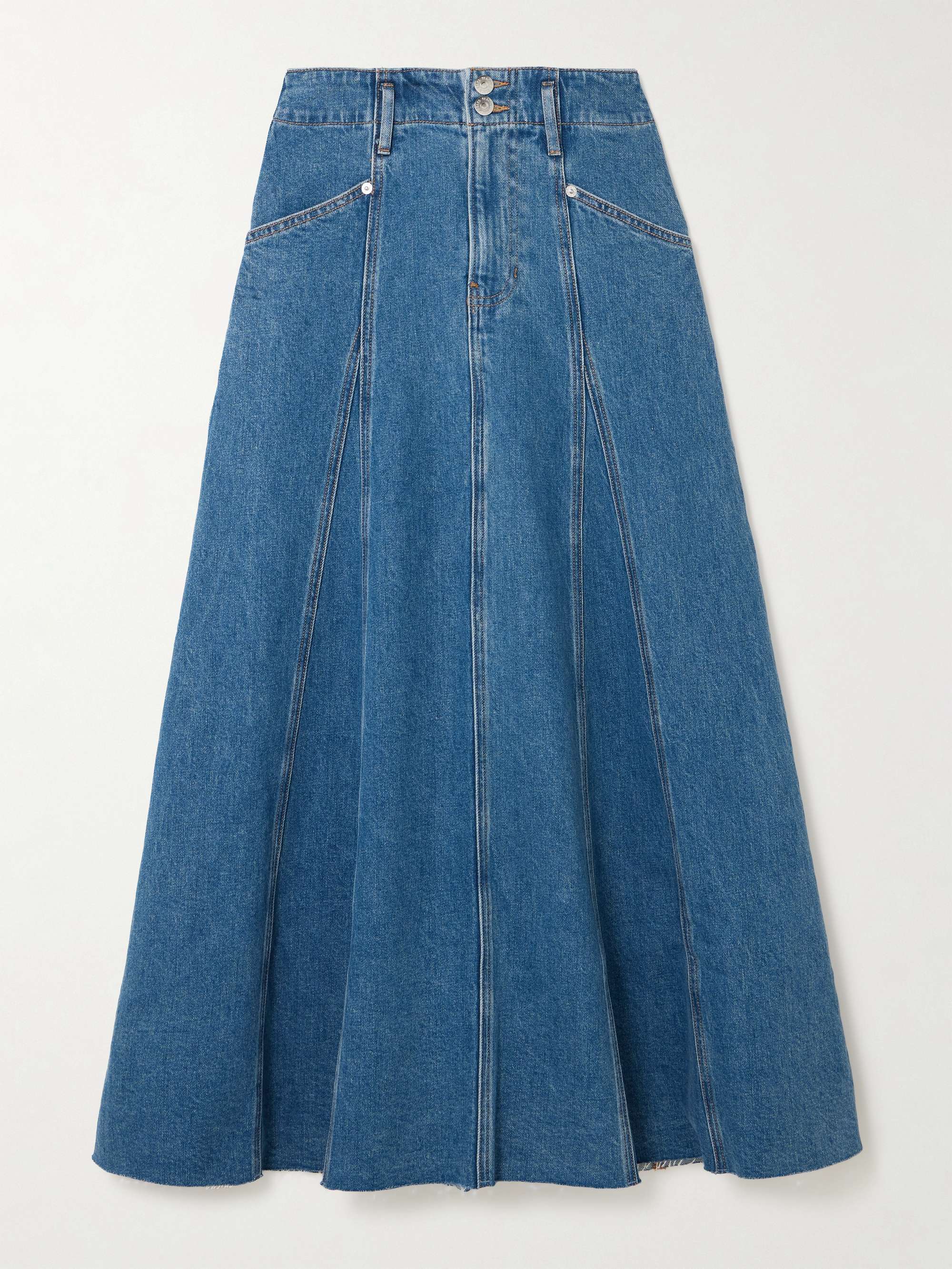 Alix Panelled Frayed Denim Midi Skirt