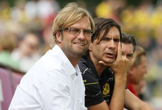 Borussia Dortmund manager Jurgen Klopp and assistant manager Zeljko Buvac on the bench together, 2015