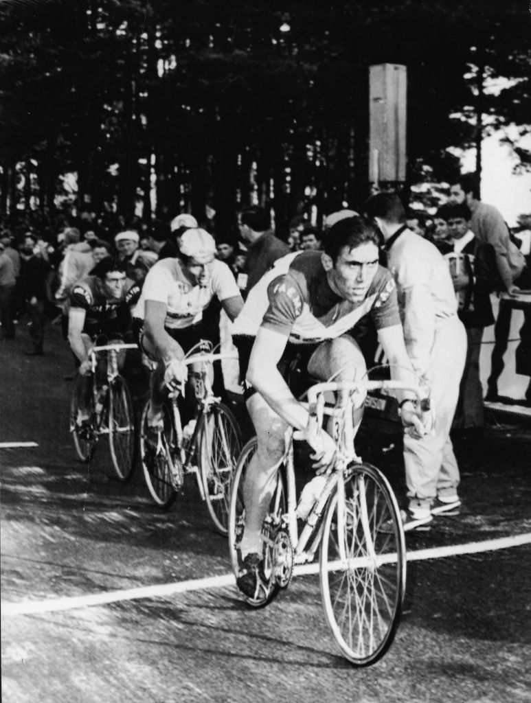 Belgian cyclist Eddy Merckx foreground pulls through the second range finish line of the ParisNice race narrowly escaping Frances Raymond Poulidor second left France March 12 1969 Photo by AFP Photo credit should read AFP via Getty Images