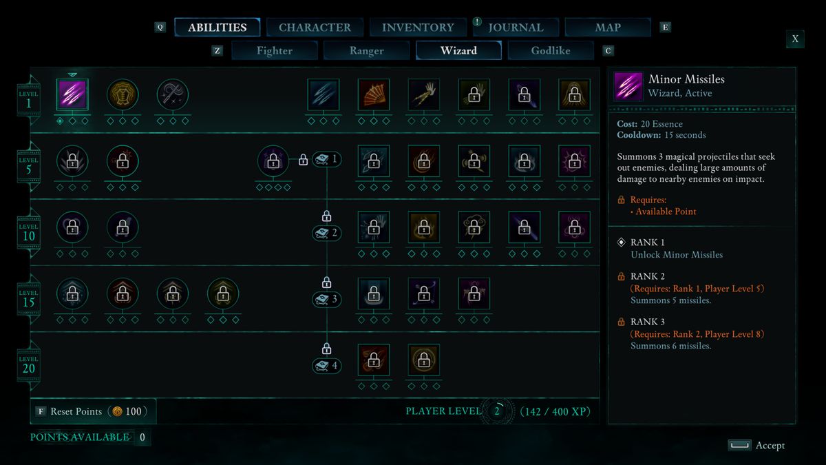Screenshot of Avowed on PC showing the "Wizard" ability skill tree.