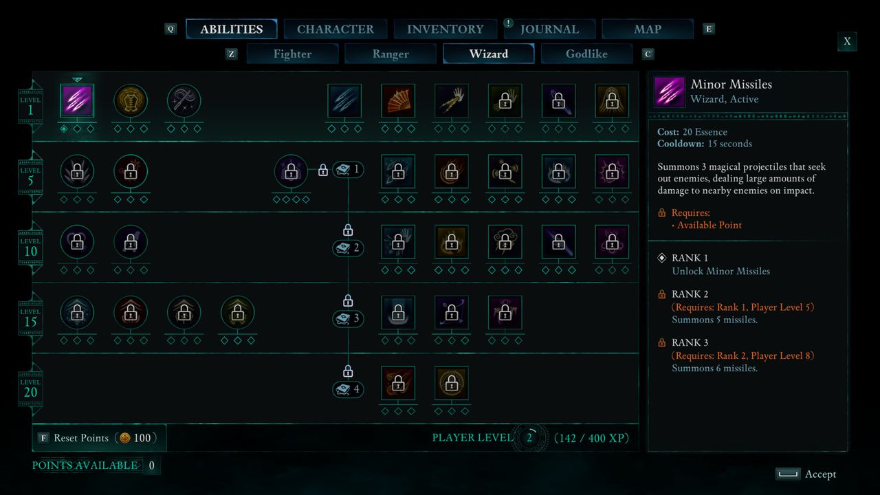 Screenshot of Avowed on PC showing the "Wizard" ability skill tree.