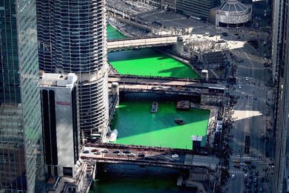 The Chicago River is dyed green for St. Patrick's Day. 