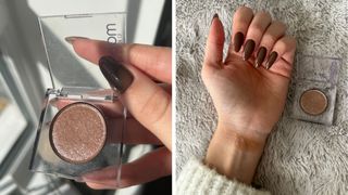 Collage of photos (L-R) Urban Decay's Space Cowboy eyeshadow and swatch on wrist with brown almond nails