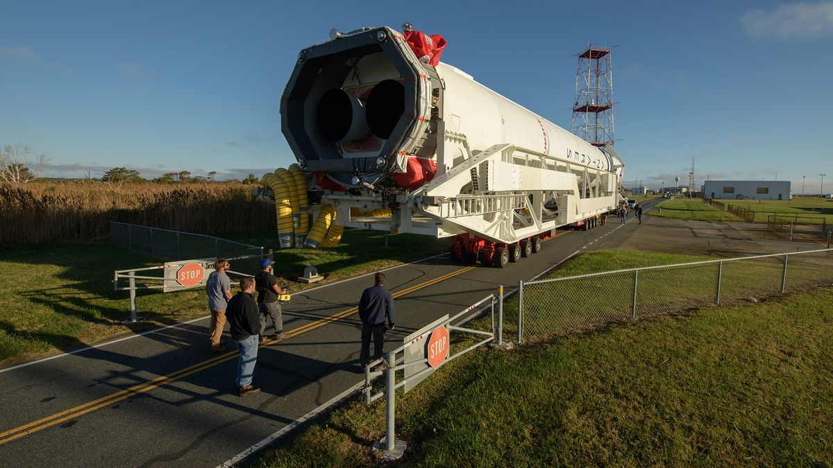 A Northrop Grumman Antares rocket is seen as it rolls out to Pad-0A, Tuesday, Oct. 29, 2019, at NASA's Wallops Flight Facility in Virginia.