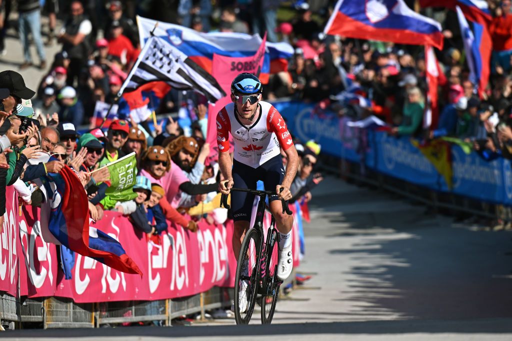 MONTE LUSSARI ITALY MAY 27 Derek Gee of Canada and Team Israel Premier Tech crosses the finish line during the 106th Giro dItalia 2023 Stage 20 a 186km individual climbing time trial stage from Tarvisio 750m to Monte Lussari 1744m UCIWT on May 27 2023 in Monte Lussari Italy Photo by Stuart FranklinGetty Images