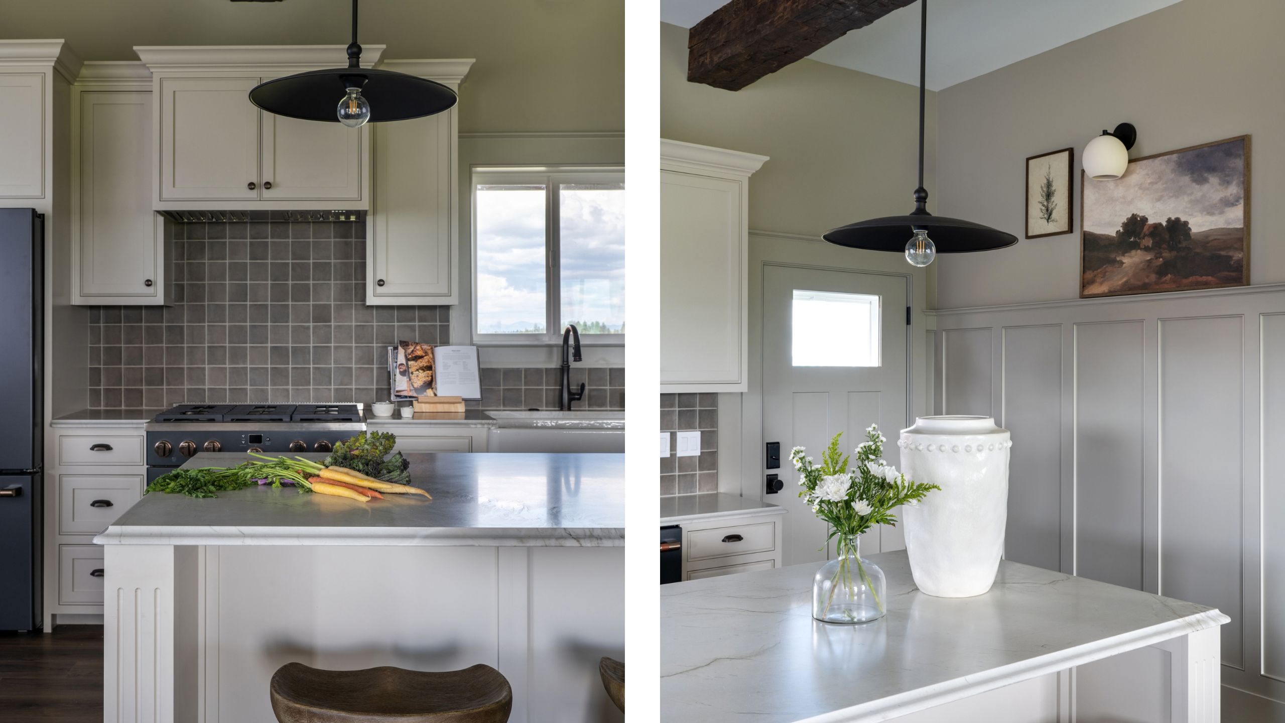 two side by side images of an off white kitchen in a taupe painted, paneled open living kitchen area with large island and vintage details