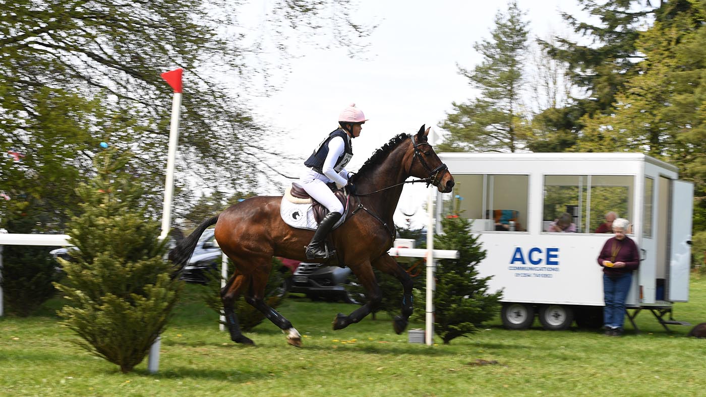 A fit event horse leaving the cross-country start box at a British Eventing competition