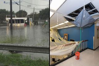 Flooding at the Sonny Carter Training Facility (left) and water leaks at the Johnson Space Center's video and photography laboratory, as seen in the wake of Hurricane Harvey.