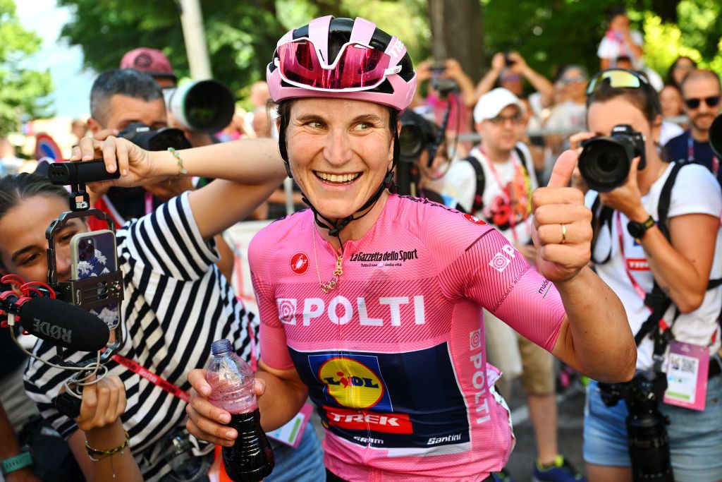 Elisa Longo Borghini celebrates winning the overall title at the Giro d&#039;Italia Women