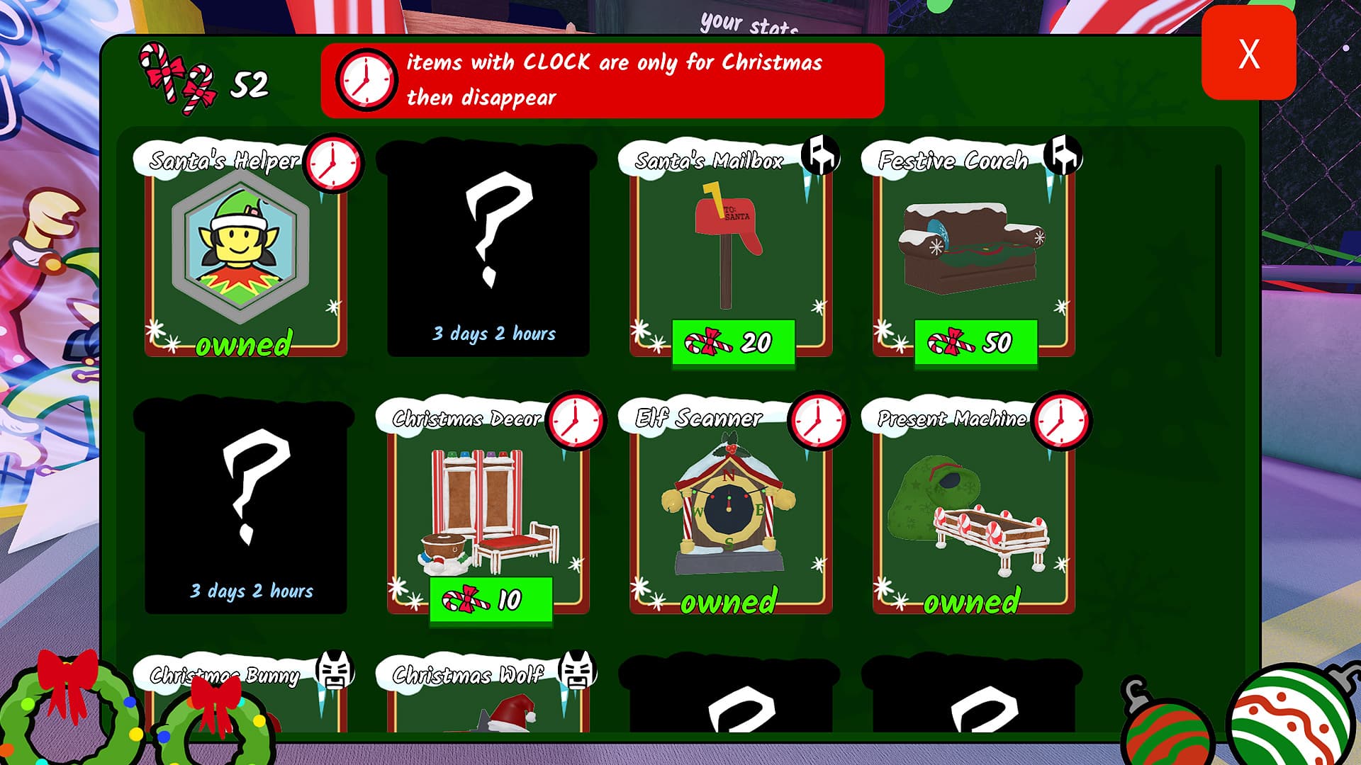 The 99 Nights in the Forest Christmas shop with updated rewards you can spend Candy Canes on.