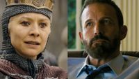 Princess Rhaenyra Targaryen, as played by Emma D'Arcy, in chainmail and crown, in House of the Dragon Season 3, Ben Affleck in a blue shirt and tie, starring in Animals.