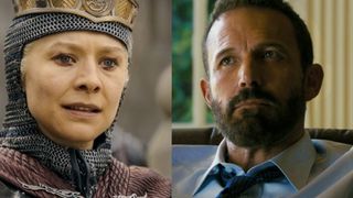 Princess Rhaenyra Targaryen, as played by Emma D'Arcy, in chainmail and crown, in House of the Dragon Season 3, Ben Affleck in a blue shirt and tie, starring in Animals.