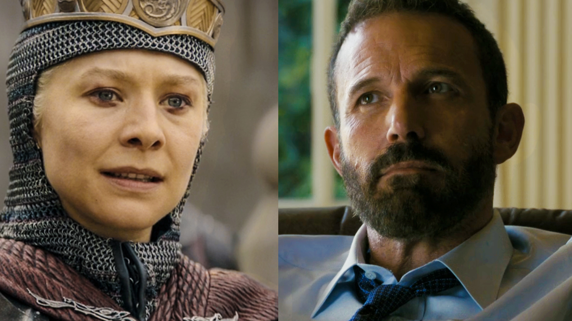 Princess Rhaenyra Targaryen, as played by Emma D'Arcy, in chainmail and crown, in House of the Dragon Season 3, Ben Affleck in a blue shirt and tie, starring in Animals.