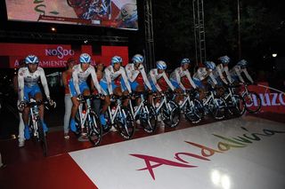 Xacobeo-Galicia prepares to start the opening team time trial at the 2010 Vuelta a España.