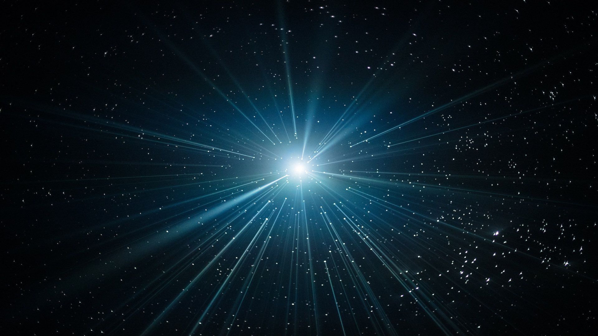 Artistic depiction of light beams coming out of stars against a dark background.