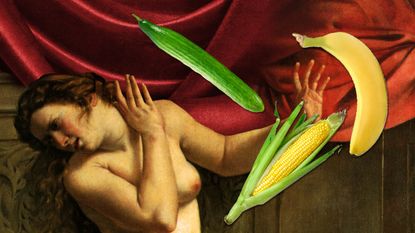 Edit of Artemesia Gentileschi painting "Susanna and the Elders" with woman fending off phallic fruits and vegetables