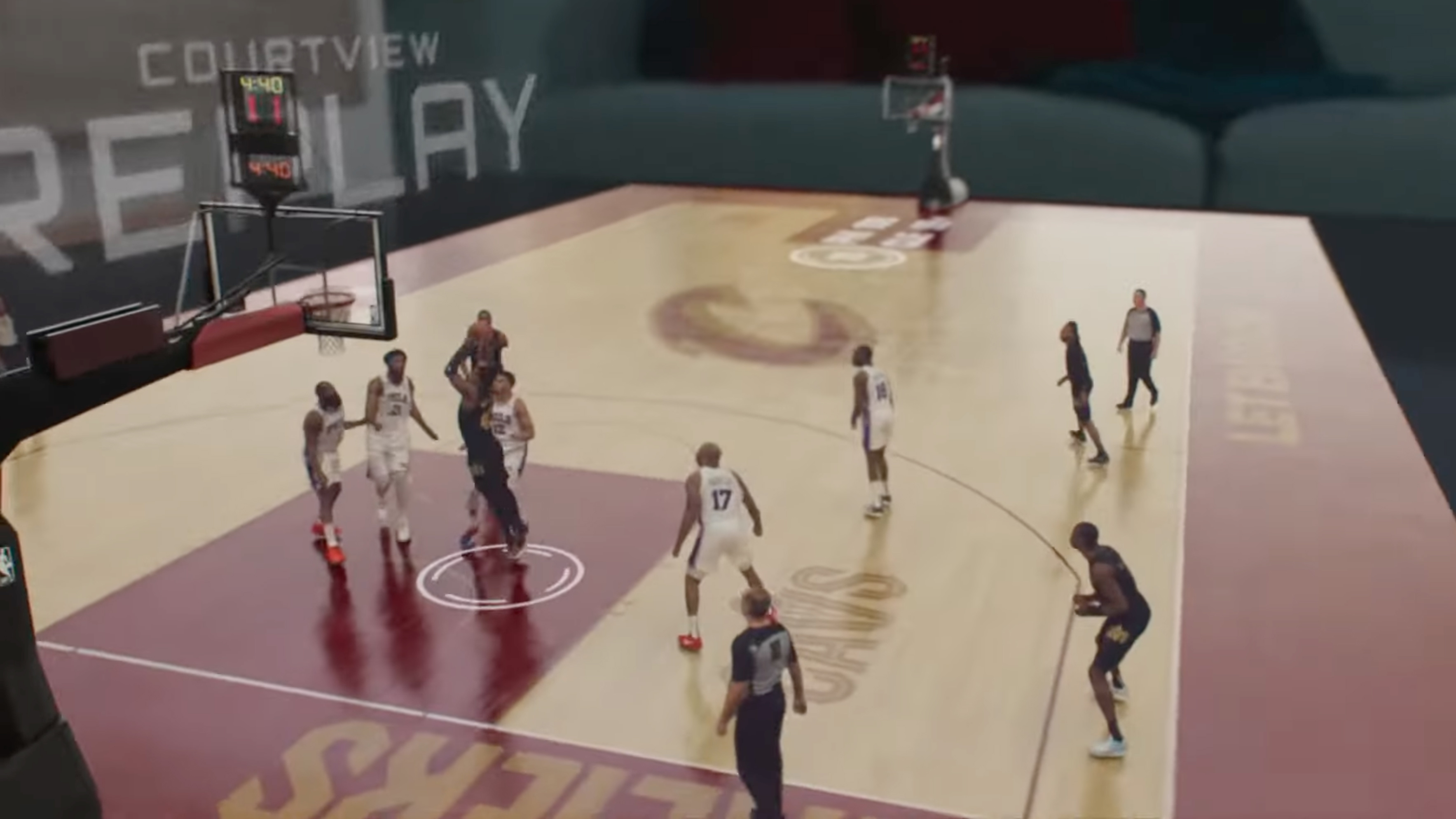 Basketball players playing on a virtual court in a living room