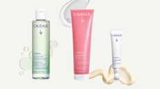 A collage of Caudalie skincare, including product shots of the Vinopure toner, the Vinohyrda gel cleanser and Vinoperfect brightening eye cream/ all featured on a cream background with serum, gel and cream skincare swatches