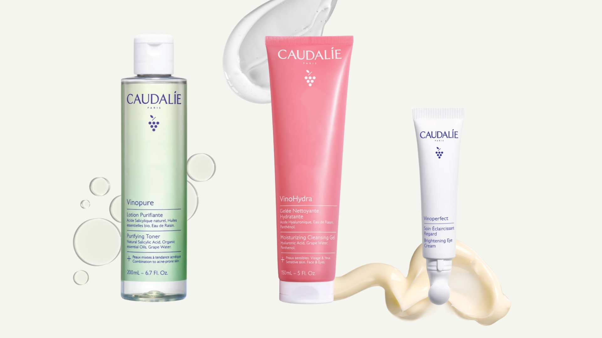 A collage of Caudalie skincare, including product shots of the Vinopure toner, the Vinohyrda gel cleanser and Vinoperfect brightening eye cream/ all featured on a cream background with serum, gel and cream skincare swatches