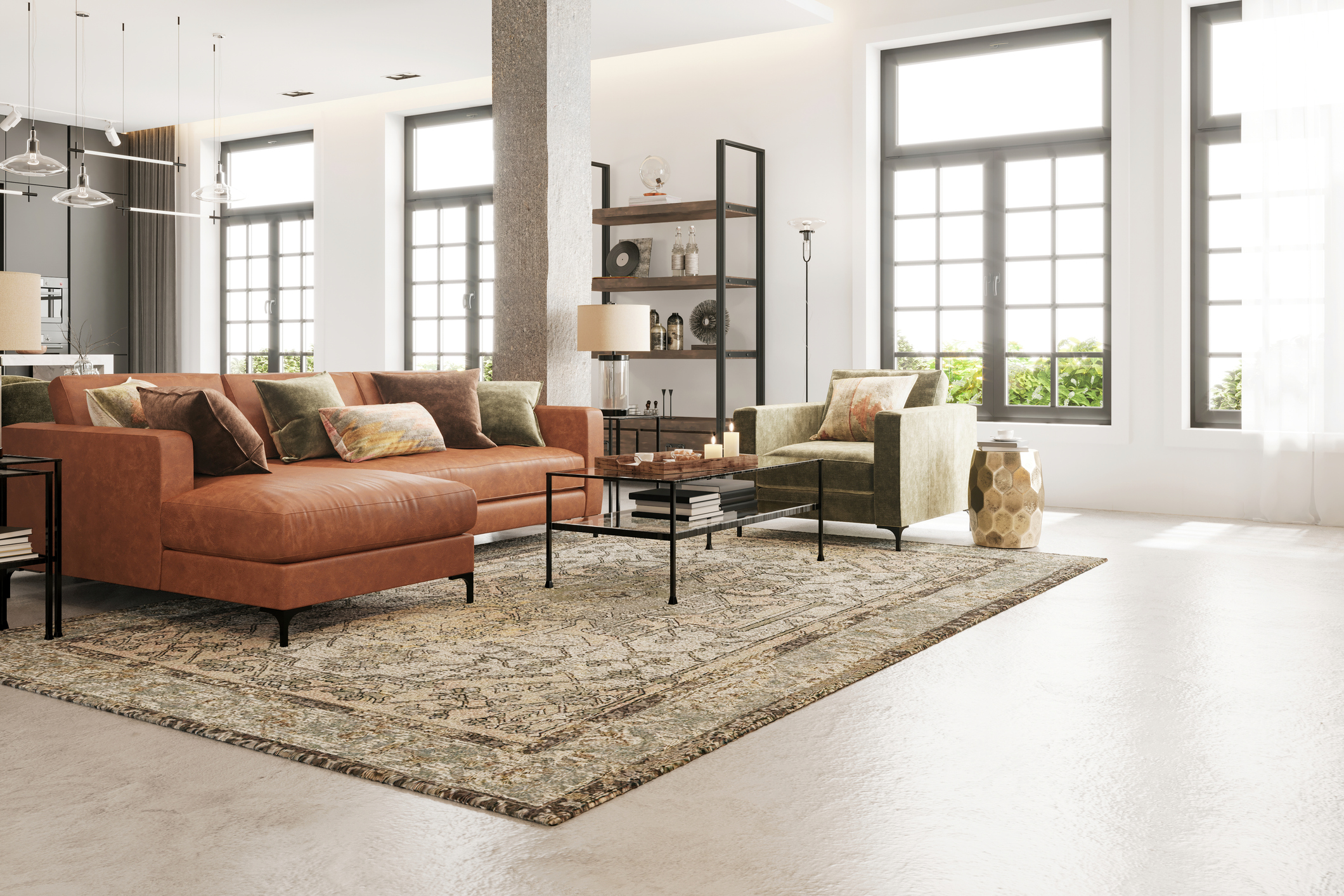 Bright living room with a leather sectional sofa