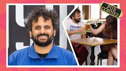 an image of Nish Kumar on a red carpet (L) spliced with an image of the Pub Corner interview taking place in the Hope and Anchor
