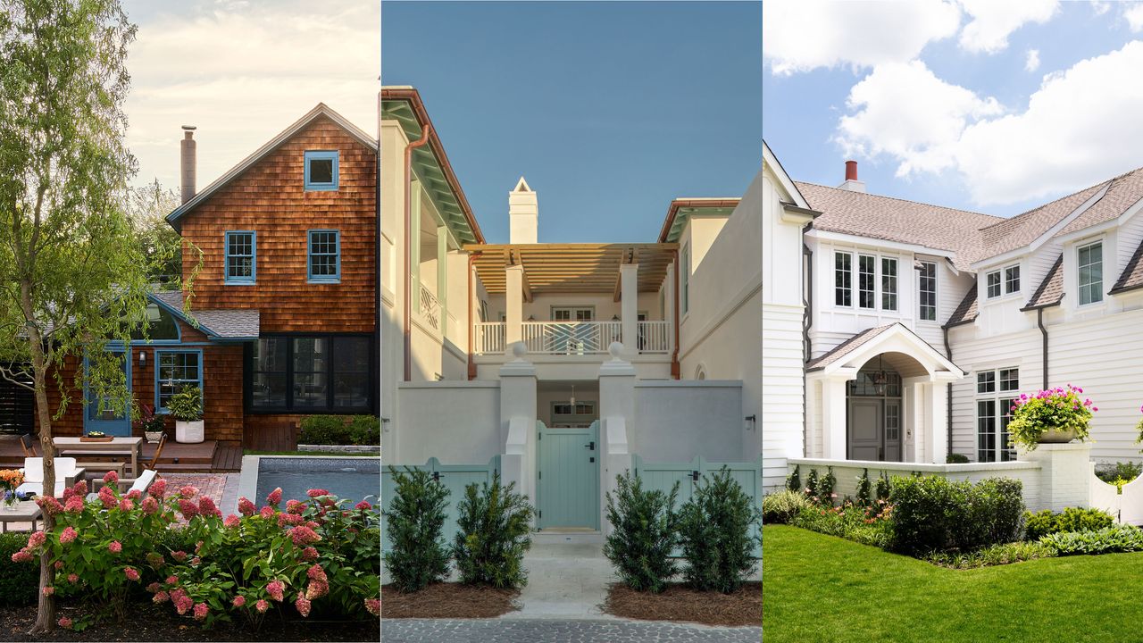 Trio of three home exterior designs with painted detail, blue and white