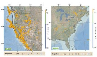 earthquake frequency map shows the temblors that have occurred on the east and west coasts of the U.S.