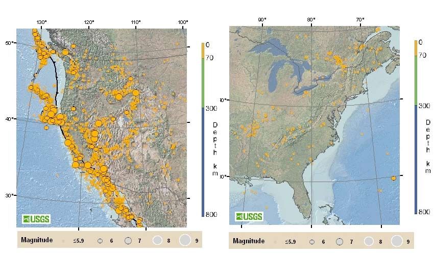 earthquake frequency map shows the temblors that have occurred on the east and west coasts of the U.S.