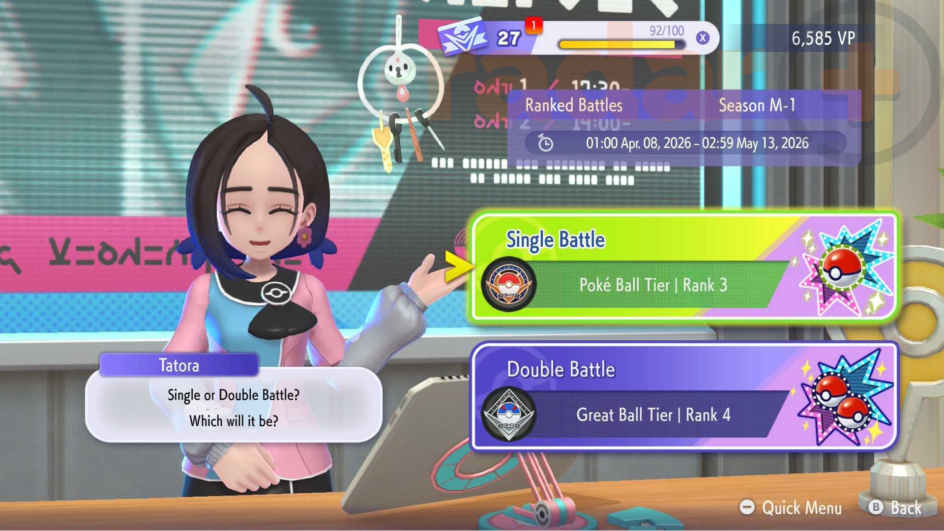Tatora stands at the counter where players can start a Pokemon Champions ranked battle.