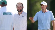 Scottie Scheffler with his caddie. Justin Rose waves to the crowd