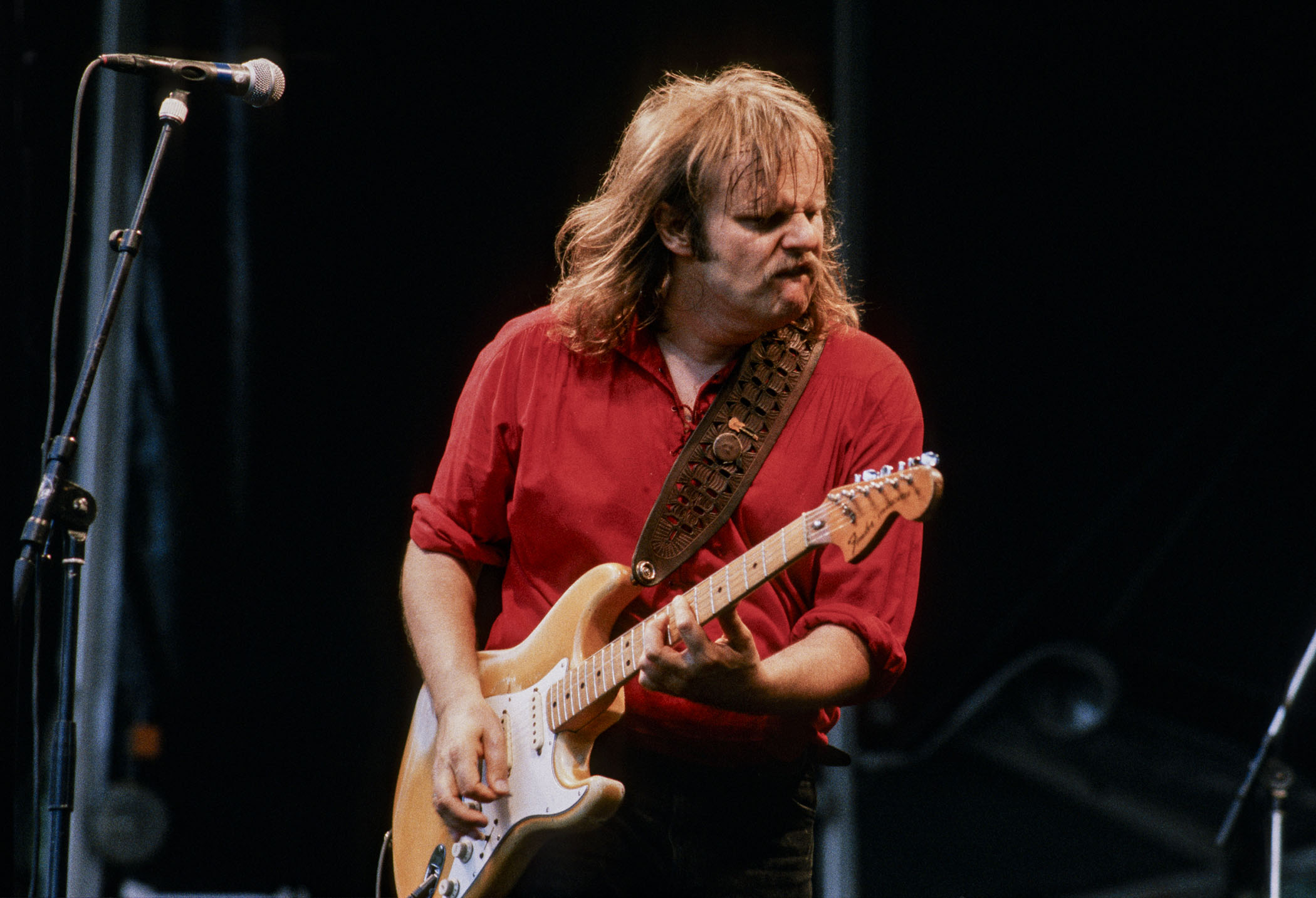 Walter Trout wears a red shit and plays a Fender Strat