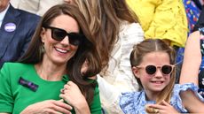  Catherine, Princess of Wales and Princess Charlotte of Wales watch Carlos Alcaraz vs Novak Djokovic in the Wimbledon 2023 men's final on Centre Court during day fourteen of the Wimbledon Tennis Championships at the All England Lawn Tennis and Croquet Club on July 16, 2023 in London, England. 