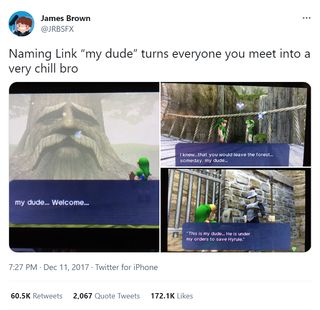 James Brown (@JRBSFX): "Naming Link 'my dude' turns everyone you meet into a very chill bro" Image 1: An old tree with a human face says to Link: "my dude... Welcome..." Image 2: A girl on a bridge to Link: "I knew... that you would leave the forest... someday, my dude..." Image 3: A soldier: "This is my dude... he is under orders to save Hyrule."