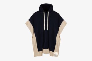 Pure Cashmere Relaxed Hood Poncho - Navy/wheat