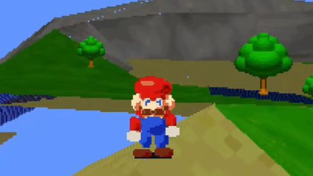 Screenshot of Mario 64 for 3DO featuring Peach's Castle Courtyard and Mario sprite facing the camera.