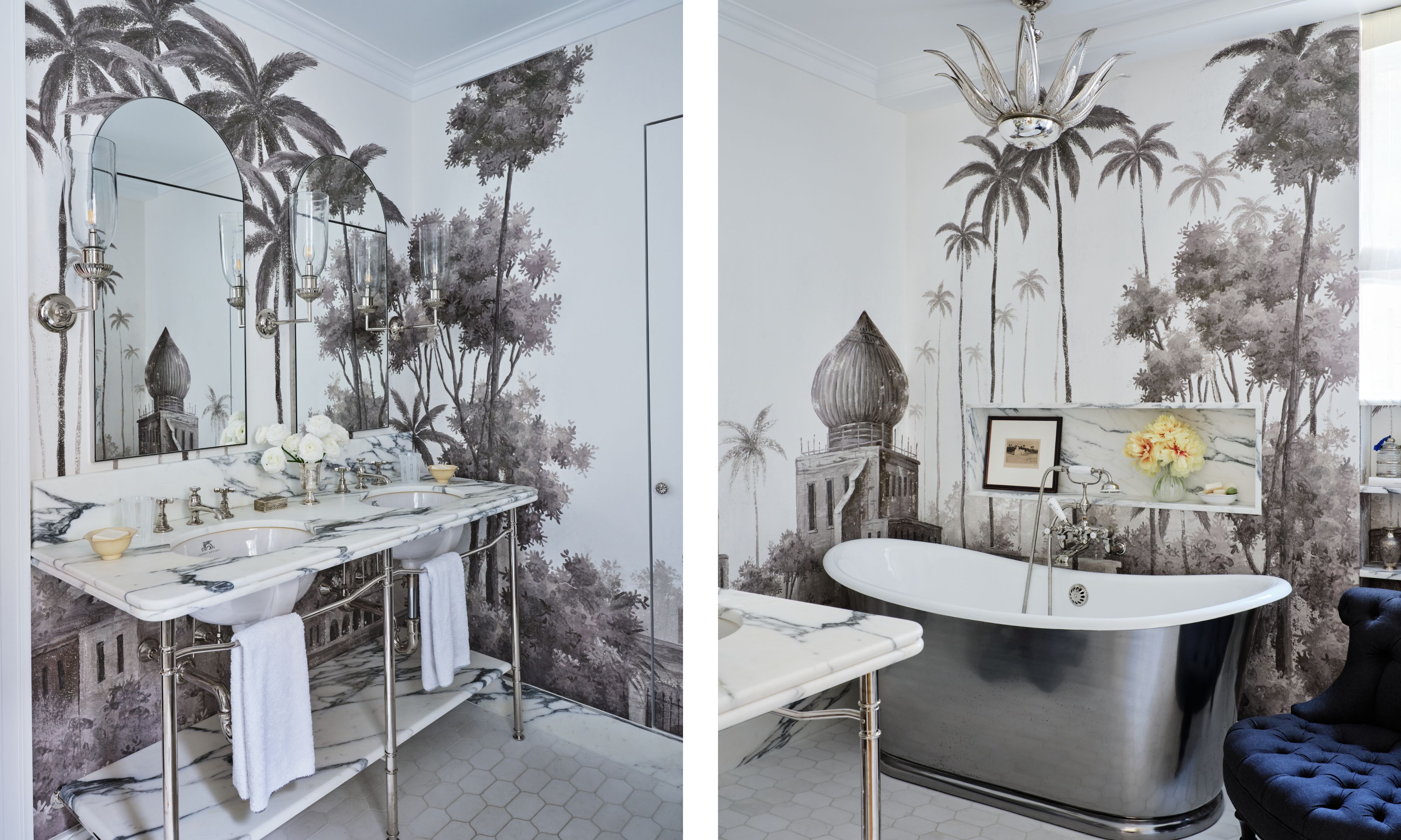 two side by side images of a mural wrapped bathroom with stainless steel bathtub and a marble vanity