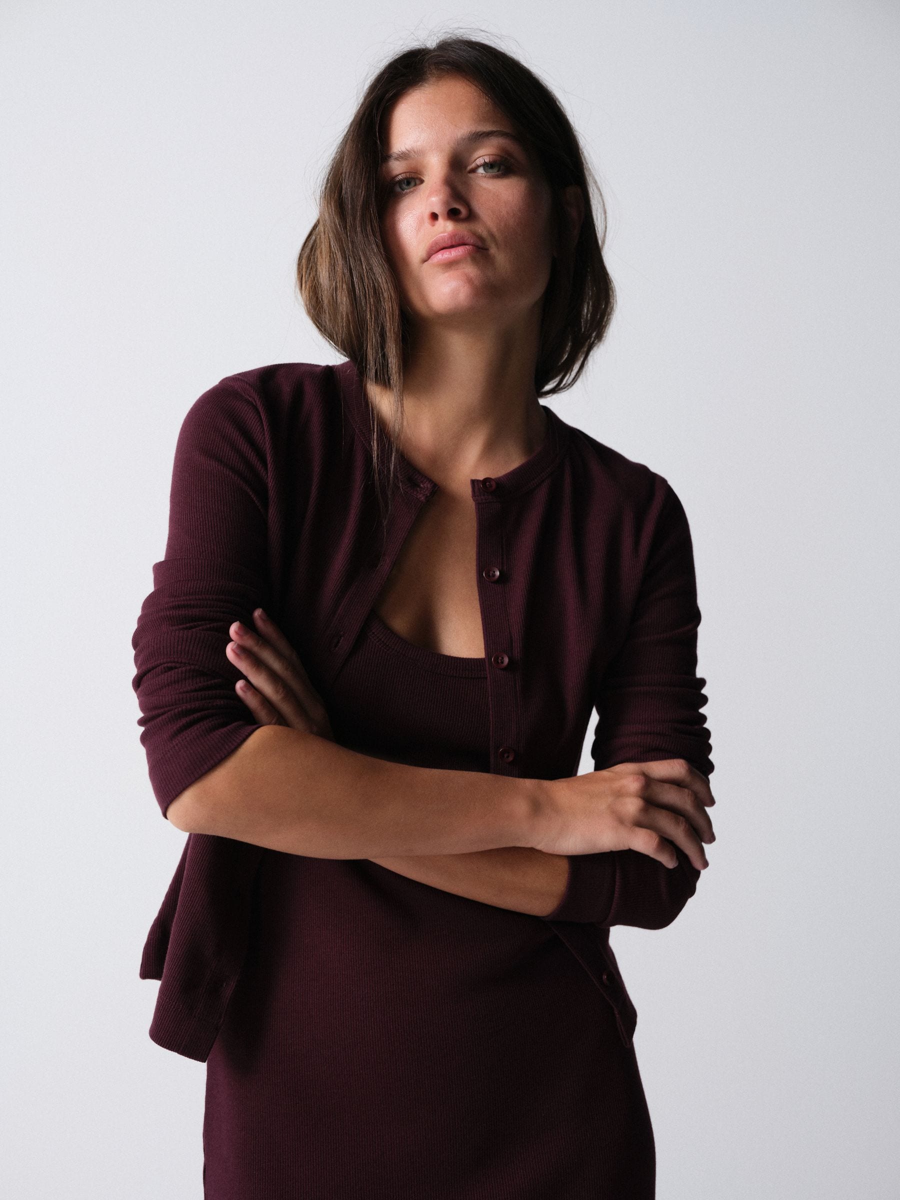 The Set Ribbed Jersey Maxi Dress and Cardigan Co-Ord Set Burgundy Red - Size X-Small