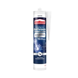 Unibond Anti-Mould White, Waterproof Mould Protection Kitchen & Bathroom Sealant, Long-Lasting White Silicone Sealant, Powerful Shower Sealant, 1 X 274g Cartridge