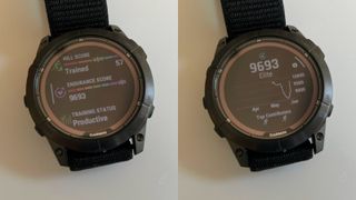 Composite of two photos of Garmin Fenix 7 Pro showing endurance score screens. One showing the score alongside hill score and training analysis, the other showing a line graph of the score over time