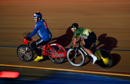 Mark Cavendish of Great Britain competes in the 40 Lap Derny on day three of the London Six Day