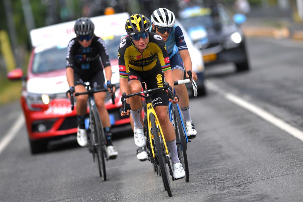 OVADA ITALY JULY 04 Marianne Vos of Netherlands and Jumbo Visma Team Lucinda Brand of Netherlands and Team Trek Segafredo in breakaway during the 32nd Giro dItalia Internazionale Femminile 2021 Stage 3 a 135km stage from Casale Monferrato to Ovada GiroDonne UCIWWT on July 04 2021 in Ovada Italy Photo by Luc ClaessenGetty Images
