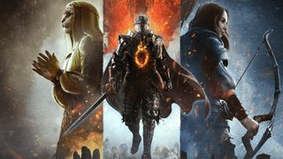 Key art for Dragon's Dogma 2, showing a knight with a flaming hole in their chest, a priestly cat lady, and a ranger woman with a bow.