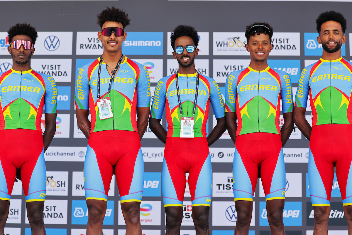 Picture by Alex Whitehead/SWpix.com - 26/09/2025 - Cycling - 2025 UCI Road World Championships - Kigali Convention Centre, Kigali, Rwanda - Men Under-23 Road Race - Awet Aman, Hebron Berhane, Yoel Habteab, Milkiyas Maekele, Yafiet Mulugeta (Eritrea)