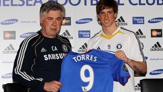 Carlo Ancelotti and Fernando Torres at his Chelsea unveiling