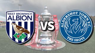 West Brom and Aldershot football club logos over an image of the FA Cup Trophy