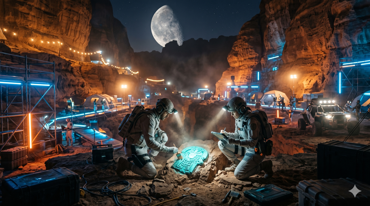 A photorealistic AI-generated image of a sci-fi scene of archaeologists working on an alien planet with a moon in the background.
