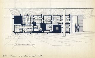 Architect’s drawing of the facade of Grima’s Jermyn Street shop, London. It was designed around a frieze using giant slabs of slate by the sculptor Bryan Kneale