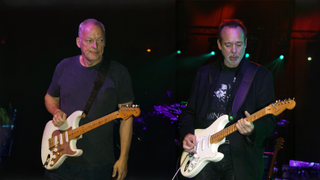 A comped pic of David Gilmour and Phil Manzanera at rehearsals for "The Miller Strat Pack" concert on September 23, 2004 at Black Island Studios in London. 